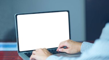 İş adamı, dizüstü bilgisayarda, modern ofis odasında, beyaz arka plan ekranında, bilgi arıyor, çevrimiçi..