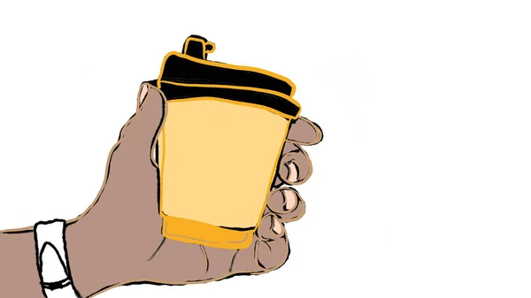 Mão Masculina Elegante Segurando Uma Xícara Café Plástico Amarelo Desfrutando — Fotografia de Stock