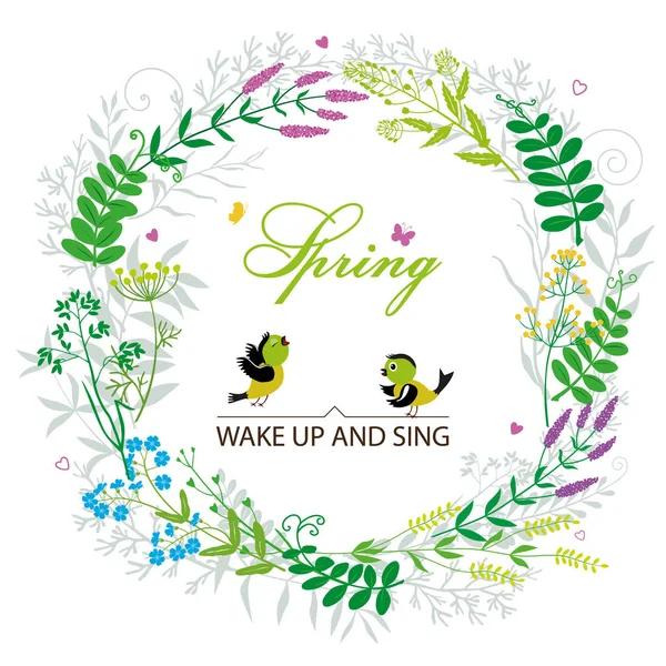 Floral round frame. Singing couple of birds in a wreath of twigs, herbs, and flowers. Spring colored flowers. Vector illustration.