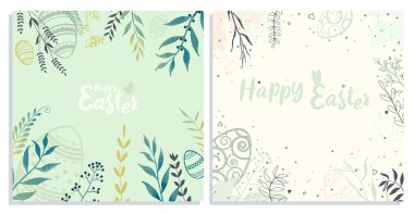 Paskalya yumurtaları ve bitkiler hafif arka planda. Açık sarı ve yeşil arka planda iki kart. Mutlu Paskalyalar. Tebrik kartı şablonu. Vektör illüstrasyonu.