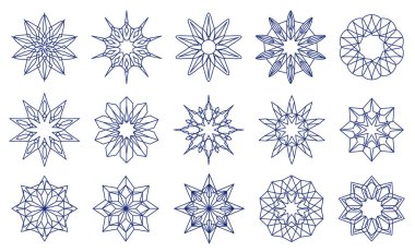 Kar taneleri ya da mavi renkli çiçekler şeklinde şekiller. Yuvarlak şekilli amblemler. Geometrik Noel süsleri. Davetiyeler ve tatil kartları için tasarımcı şablonları. Vektör illüstrasyonu.