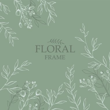 Yeşil arka planda beyaz renkli çalı çırpı ve çiçekler. Kart, davetiye için şablon. Düğün ya da başka bir tatil davetiyesi. Yeşil arka planda beyaz bitkiler. Çiçek çerçevesi. Vektör illüstrasyonu.