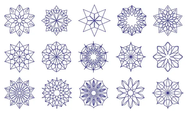 Kar taneleri ya da mavi renkli çiçekler şeklinde şekiller. Yuvarlak şekilli amblemler. Geometrik Noel süsleri. Davetiyeler ve tatil kartları için tasarımcı şablonları. Vektör illüstrasyonu.