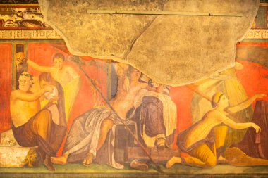 İtalya, Pompeii harabeleri. Dekorasyon ayrıntıları. Gizemler Villa 'sının duvarında Fresco tablosu.