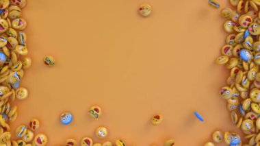 Sarı arkaplana düşen farklı duyguları temsil eden bir grup sarı emojinin 3 boyutlu animasyonu. 4k video.