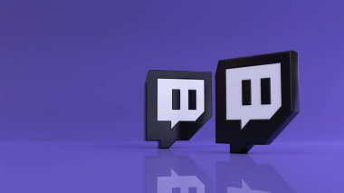 Menekşe arkaplan üzerinde iki Twitch logosunun 3d canlandırması.