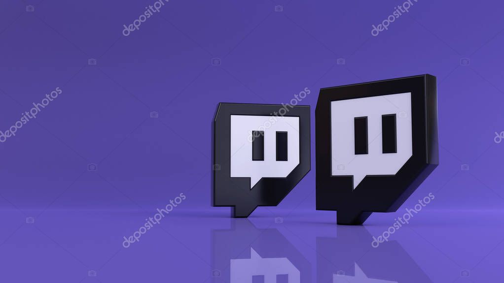 3d rendering of two Twitch logos over violet background.