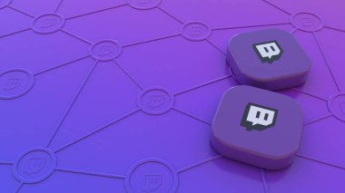 Menekşe arkaplanındaki iki Twitch rozeti sosyal ve canlı ağlar aracılığıyla bağlantı kavramını temsil ediyor.