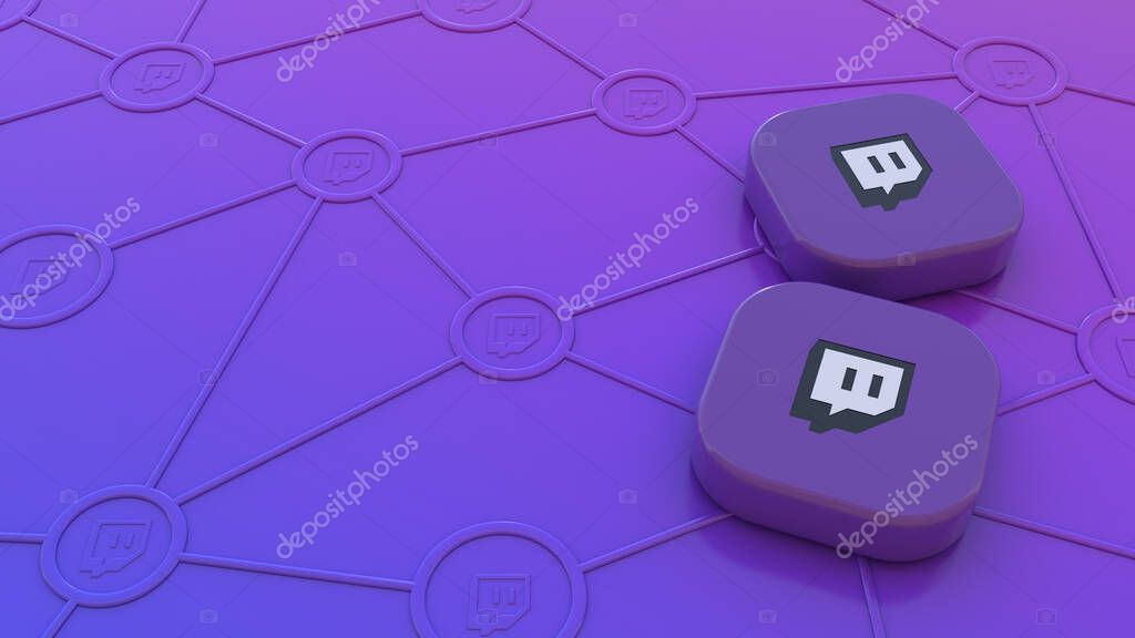 Two Twitch badges on violet background representing the concept of connectivity through social and streaming networks.