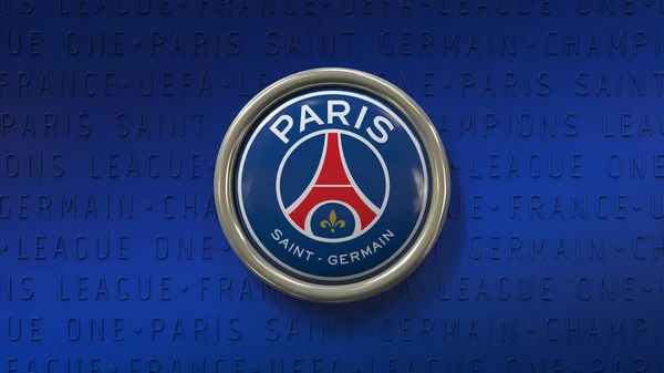 Renderowanie Odznaki Logo Paryża Saint Germain Football Club Niebieskim Tle — Zdjęcie stockowe