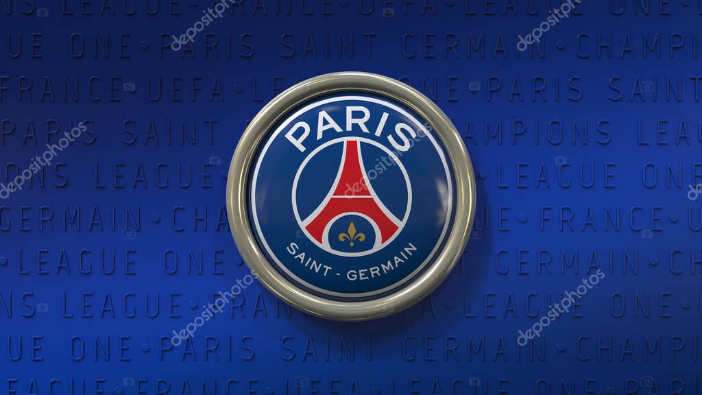 3d rendering of a badge with te Logo of Paris Saint-Germain Football Club on blue background - French Soccer Team.