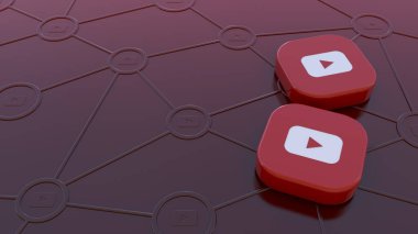 Kırmızı arkaplanda iki Youtube rozeti sosyal ağlar aracılığıyla bağlantı kavramını temsil ediyor.