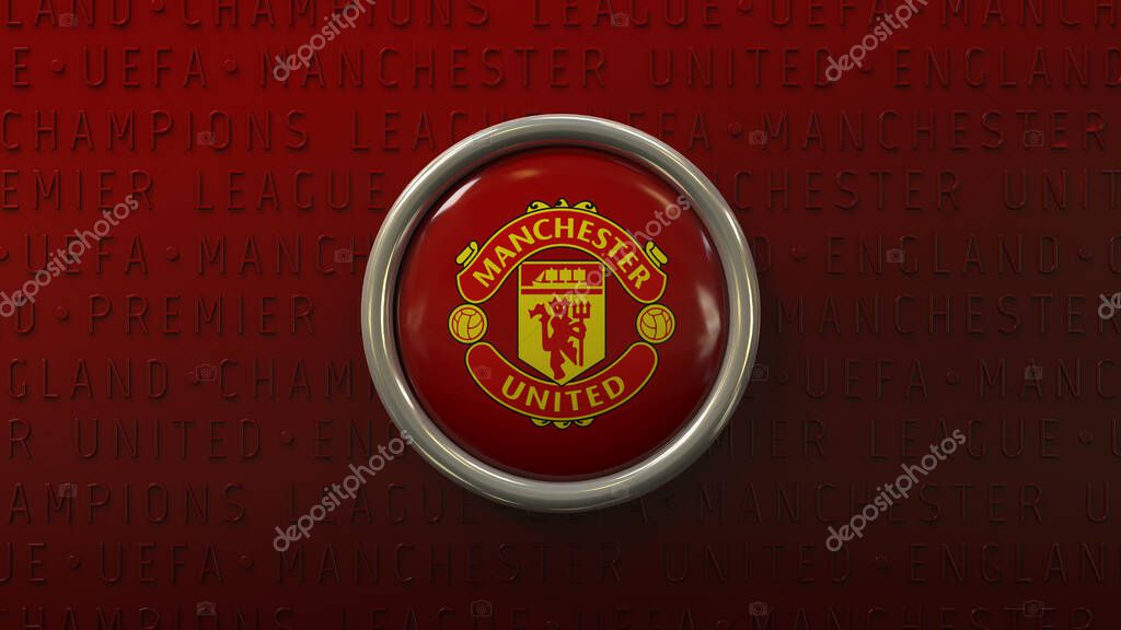 3d rendering of a badge with te Logo of Manchester United Football Club on red background - English Soccer Team.