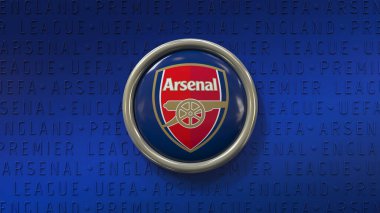 Mavi arka planda Arsenal Futbol Kulübü 'nün logosu olan 3 boyutlu bir rozet - İngiliz Futbol Takımı.