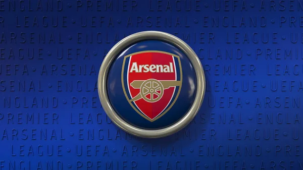 Ztvárnění Odznaku Logem Arsenal Football Clubu Modrém Pozadí Anglický Fotbalový — Stock fotografie