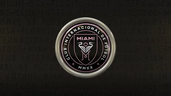 Siyah arka planda Miami Futbol Kulübü logosu olan 3 boyutlu bir rozet, Amerikan Futbol Takımı..