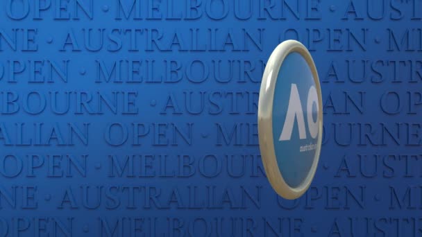 Вращающийся Значок Логотипом Открытого Чемпионата Австралии Теннису Большого Шлема Голубом — стоковое видео
