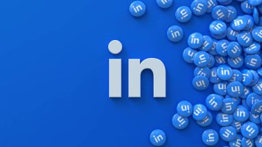 3d rendering of an Linkedin logo surrounded by a bunch of pills with the app icon on blue background. clipart