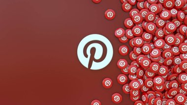 Koyu kırmızı arkaplanda uygulama simgesi olan bir avuç hapla çevrili bir Pinterest logosunun 3D görüntülenmesi.