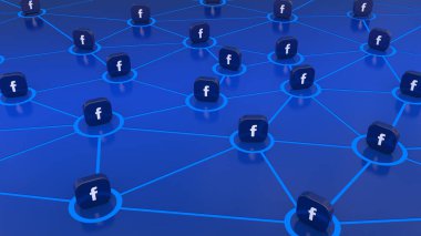 Bu sosyal ağ aracılığıyla iletişim kavramını temsil eden, Facebook logosu olan rozetlerin 3 boyutlu temsili.