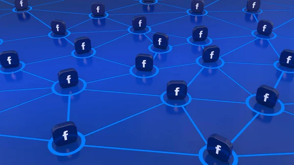 stock image 3D representation of badges with the Facebook logo on a board, representing the concept of communication through this social network.