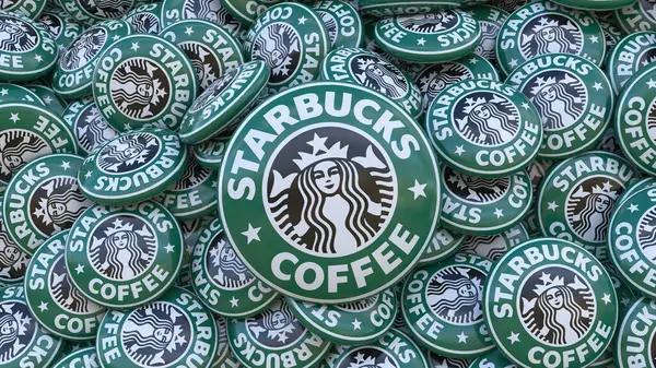 Banda Zielonych Przycisków Kawy Starbucks Przyciski Różnych Rozmiarów Ułożone Siebie Obrazek Stockowy