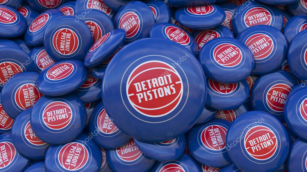 A bunch of blue Detroit Pistons buttons. They are all different sizes. Detroit Pistons is an NBA Team.