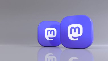 Gri arkaplan üzerinde Mastodon logosu olan iki kare rozetin 3D canlandırması.