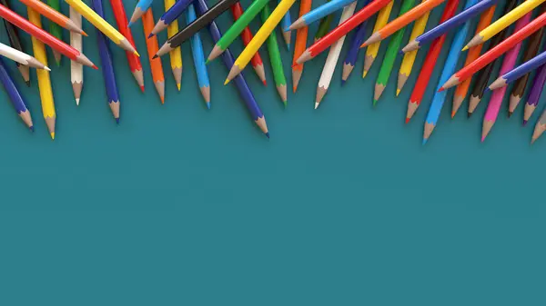 Renderowania Wielu Kolorowych Ołówków Rozrzuconych Szczycie Zielonego Tła Miejsca Kopiowania Obraz Stockowy