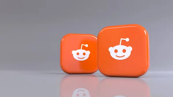 Renderização Dois Crachás Quadrados Com Logotipo Reddit Fundo Cinza Imagens Royalty-Free