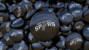 3d rendering of a lot of badges with the logotype of San Antonio Spurs. American NBA Team