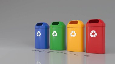 Atık geri dönüşümü için üç boyutlu renkli plastik çöp bidonları.