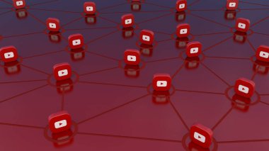 Bu video platformu aracılığıyla iletişim konseptini temsil eden, bir panoda Youtube simgesi ile rozetlerin 3 boyutlu yorumlanması.
