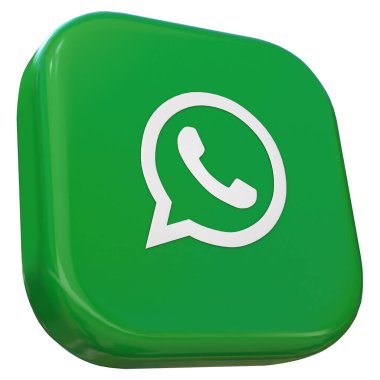 Üzerinde Whatsapp uygulamasının logosu olan 3 boyutlu kare rozet beyaz arka planda izole edilmiş. Sağ profil.