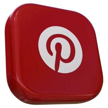 Beyaz arka planda Pinterest logosu olan 3D Square rozeti. Sağ profil.