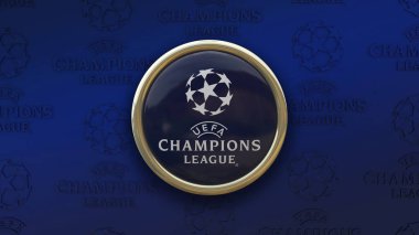 Mavi arka planda UEFA Şampiyonlar Ligi logosu olan yuvarlak rozetli. Avrupa Futbol Şampiyonası.