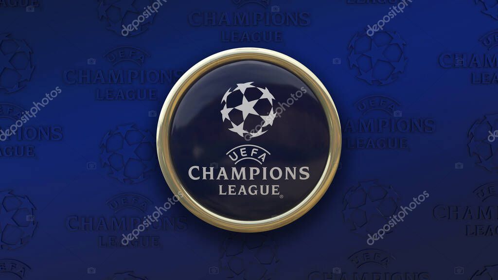 Round badge with golden border with UEFA Champions League logo on a blue background. European soccer championship.