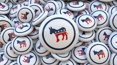 Amerika Birleşik Devletleri Demokrat Partisi logosu olan bir sürü yuvarlak tabak. ABD 'de seçim kavramı.