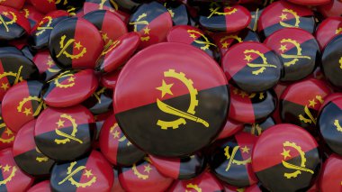 Angola bayrağı taşıyan bir sürü rozetin 3D çizimi.