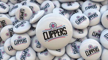 Los Angeles Clippers 'ın logosu olan bir sürü rozetin 3 boyutlu çizimi. Amerikan NBA Takımı.