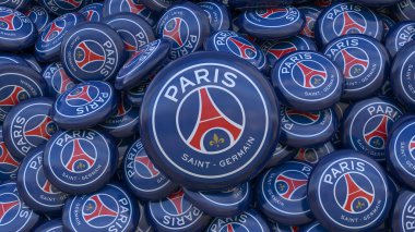 Paris Saint-Germain Futbol Kulübü 'nün logosuna sahip bir sürü rozet tasarımı - Fransız Futbol Takımı.