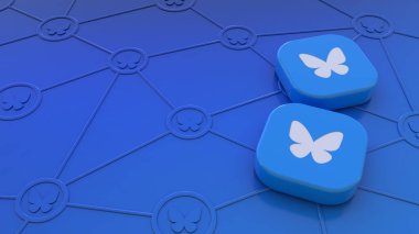 Mavi arkaplanda Bluesky Social simgesi bulunan iki kare rozetin sosyal ağlar aracılığıyla bağlantı kavramını temsil eden üç boyutlu oluşturulması.