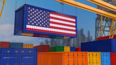 Amerika Birleşik Devletleri bayrağı taşıyan bir konteynırın liman iskelesindeki bir vinçten 3D görüntüsü..