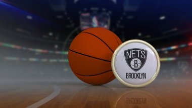 Brooklyn Nets takımının logosu arka planda odaklanamadığı bir stadyumun yanındaki yuvarlak rozet. NBA basketbol takımı.