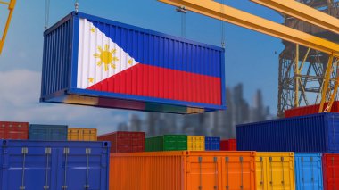 Filipinler bayrağı iskele tarafındaki vinçten asılı bir konteynırın 3D görüntüsü..