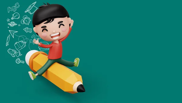 Glückliches Kind Mit Bleistift Niedlichen Jungen Cartoon Figur Rendering — Stockfoto