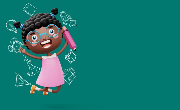 Criança Feliz Com Lápis Personagem Bonito Dos Desenhos Animados Menina — Fotografia de Stock