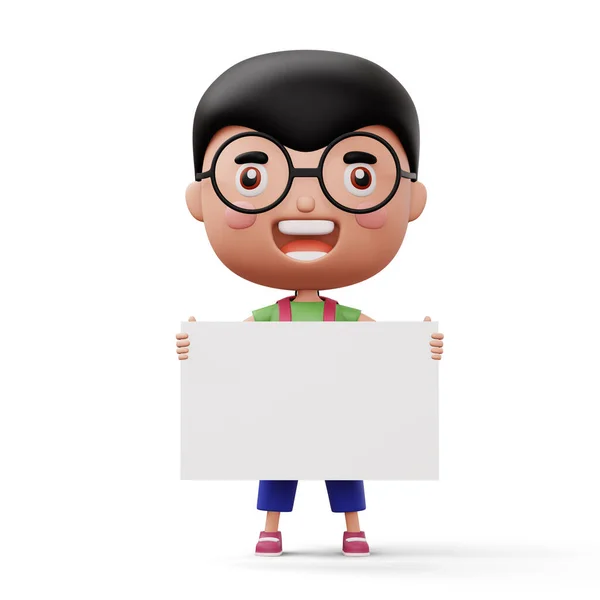 Happy Child Bag Holding Blank White Board Cute Boy Cartoon — Stock fotografie