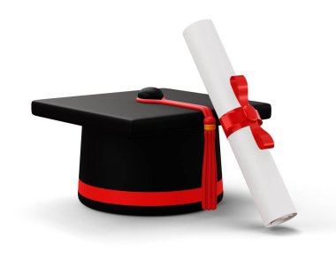 Diplomalı mezuniyet şapkası, 3D çizim.