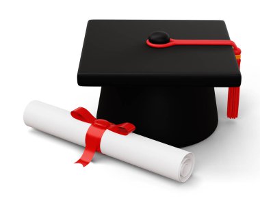 Diplomalı mezuniyet şapkası, 3D çizim.